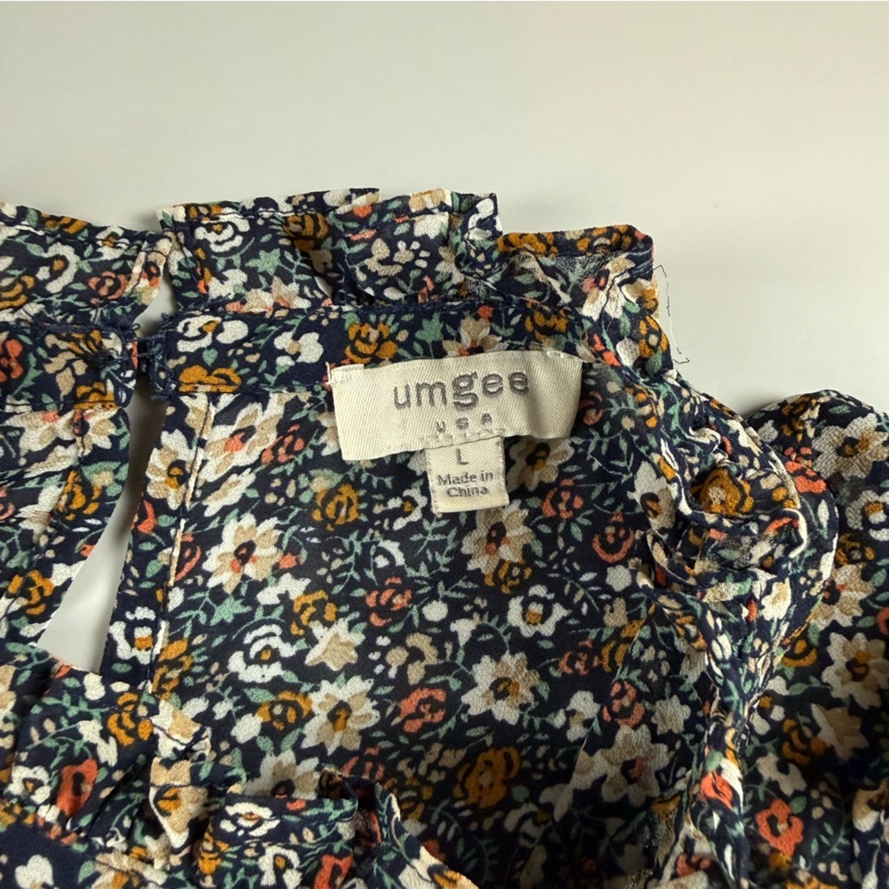 Umgee Floral Ruffle Mini Dress Boho Cottagecore Long Sleeve Navy Women’s Large - Picture 5 of 10